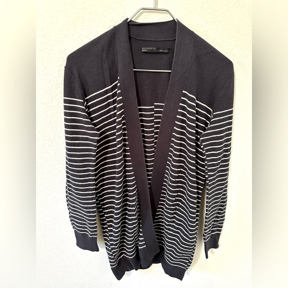 🔹GUC🔹ALL SAINTS Striped Plex Cotton Cardigan Sweater Navy w/ White Stripes